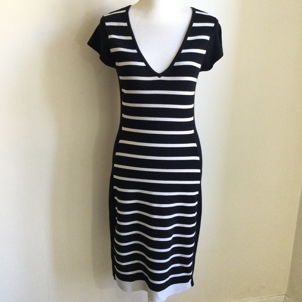REBECCA TAYLOR DRESS V-Neck Black White Bodycon Midi Size Small